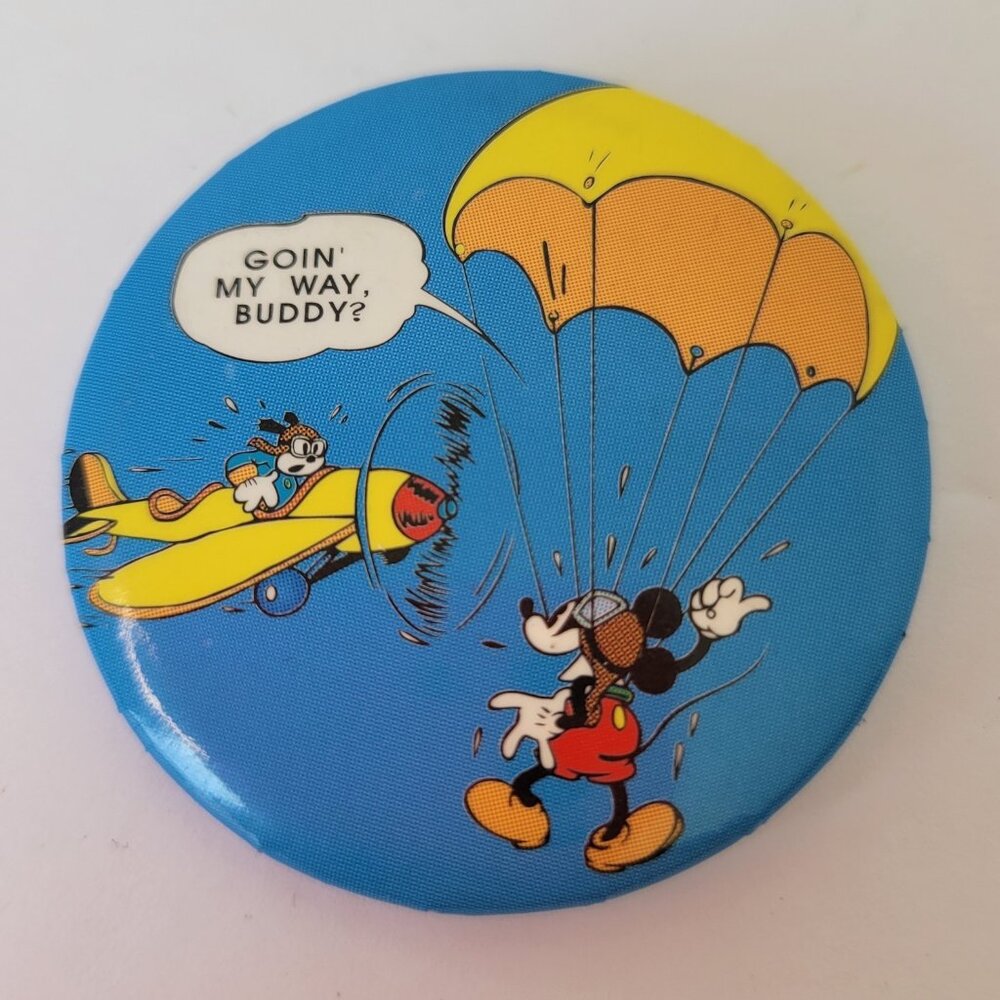 Vtg Disney Hitchiking Airplane Mickey Mouse Mini Button Pin
